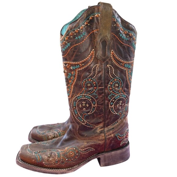 Corral Boots Shoes - Corral Western Boots Size 8M Brown Embroidered Steer Head Square Toe Comfort